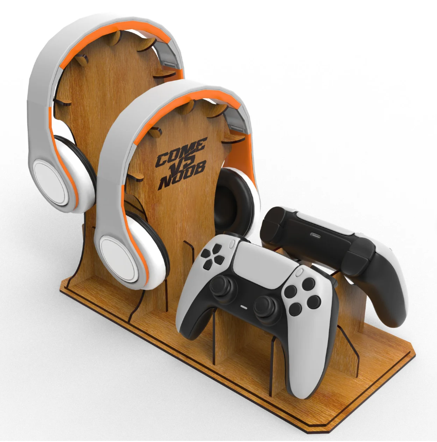 Wooden Dual Controller Stand with Dual Headphone Holder Stand