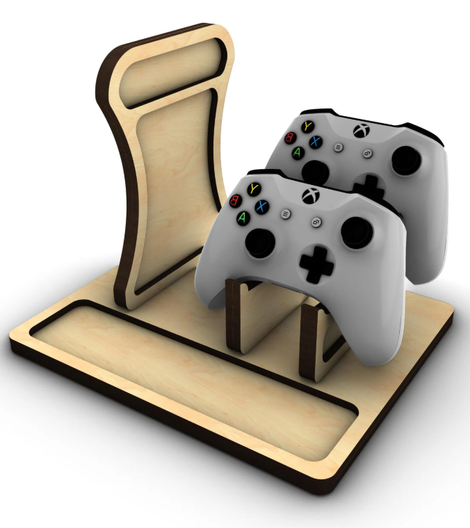Wooden Two Controllers Gamer stand w/single Headset holder